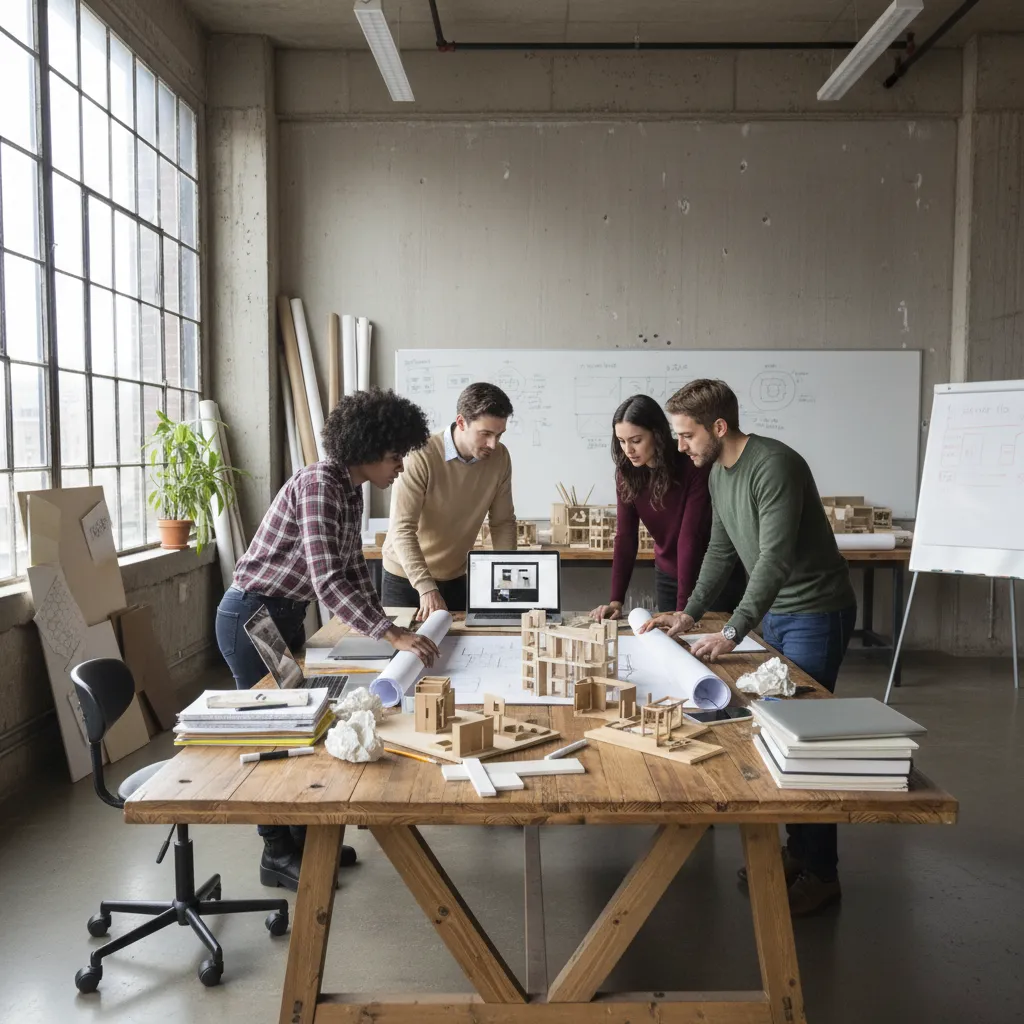 Estudiantes de interiorismo revisando planos y maquetas en clase