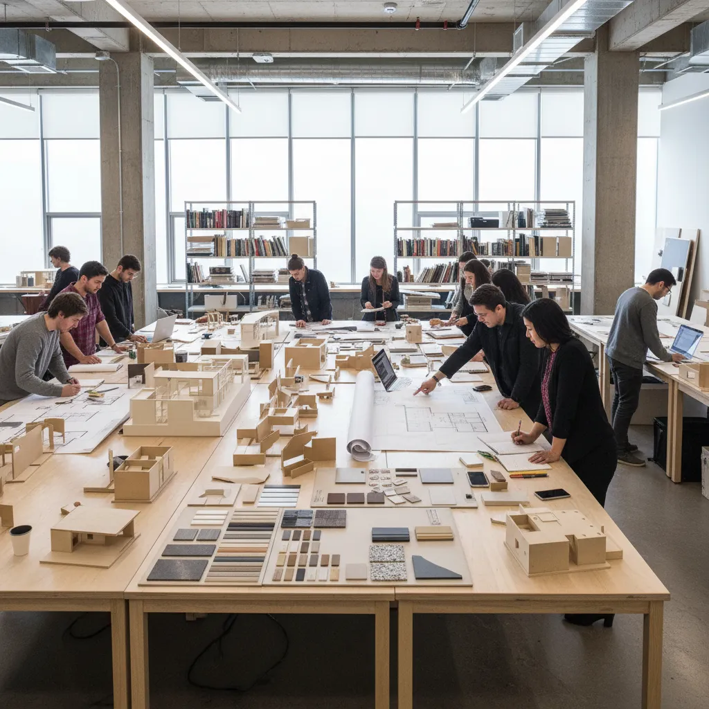 Designers working in studio around large tables with building models drawings laptops and material samples