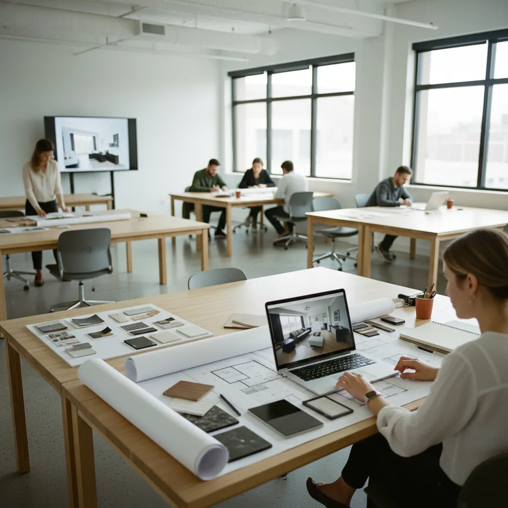 Designers working in a studio with laptops, floor plans, material samples, and interior design drawings
