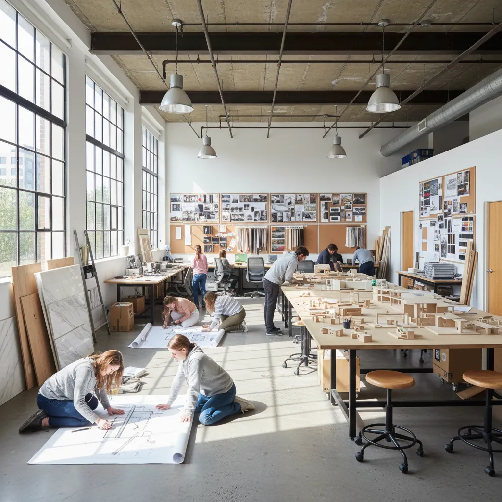 Clase de estudiantes de interiorismo trabajando en proyectos de diseño