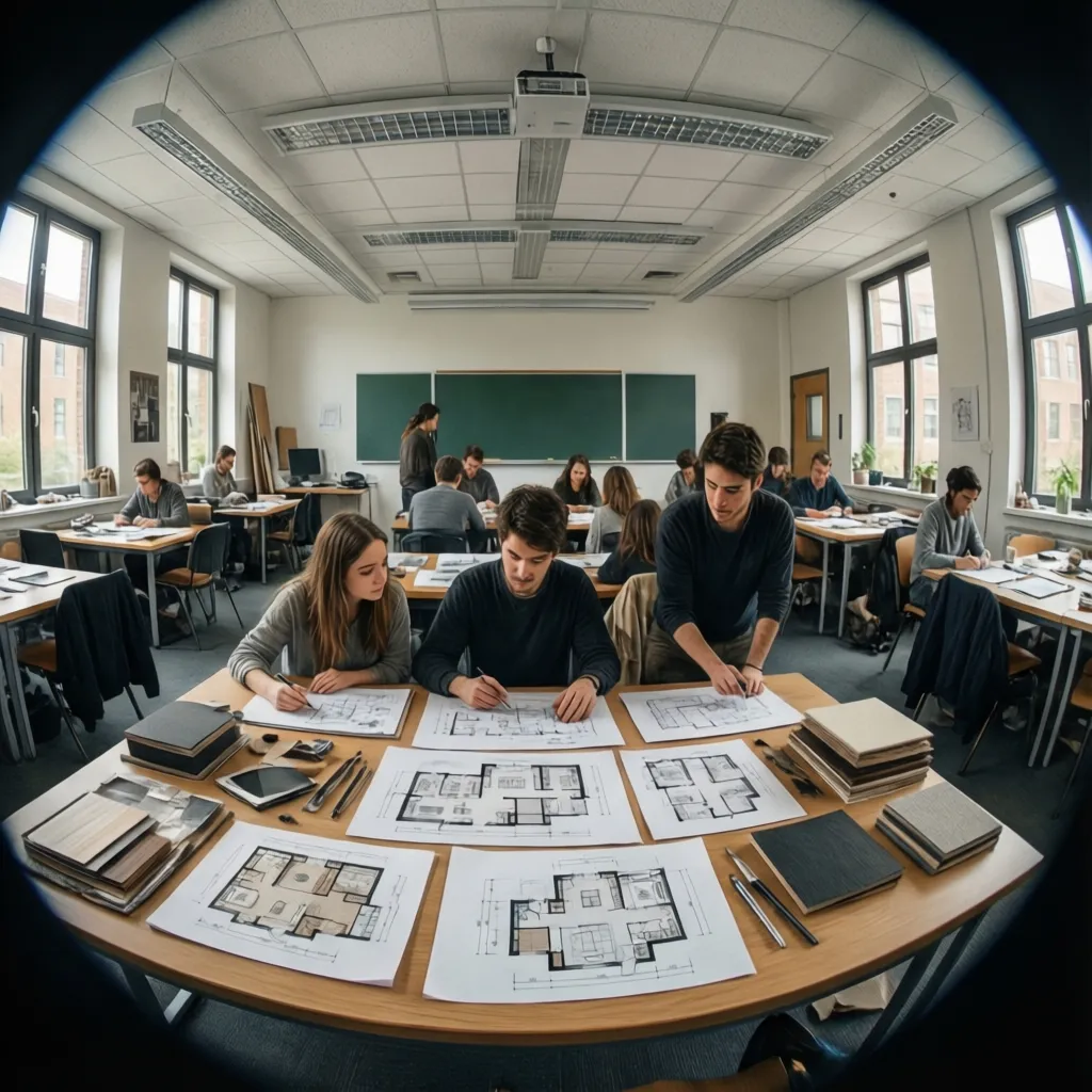 Clase universitaria de diseño de interiores con estudiantes revisando planos