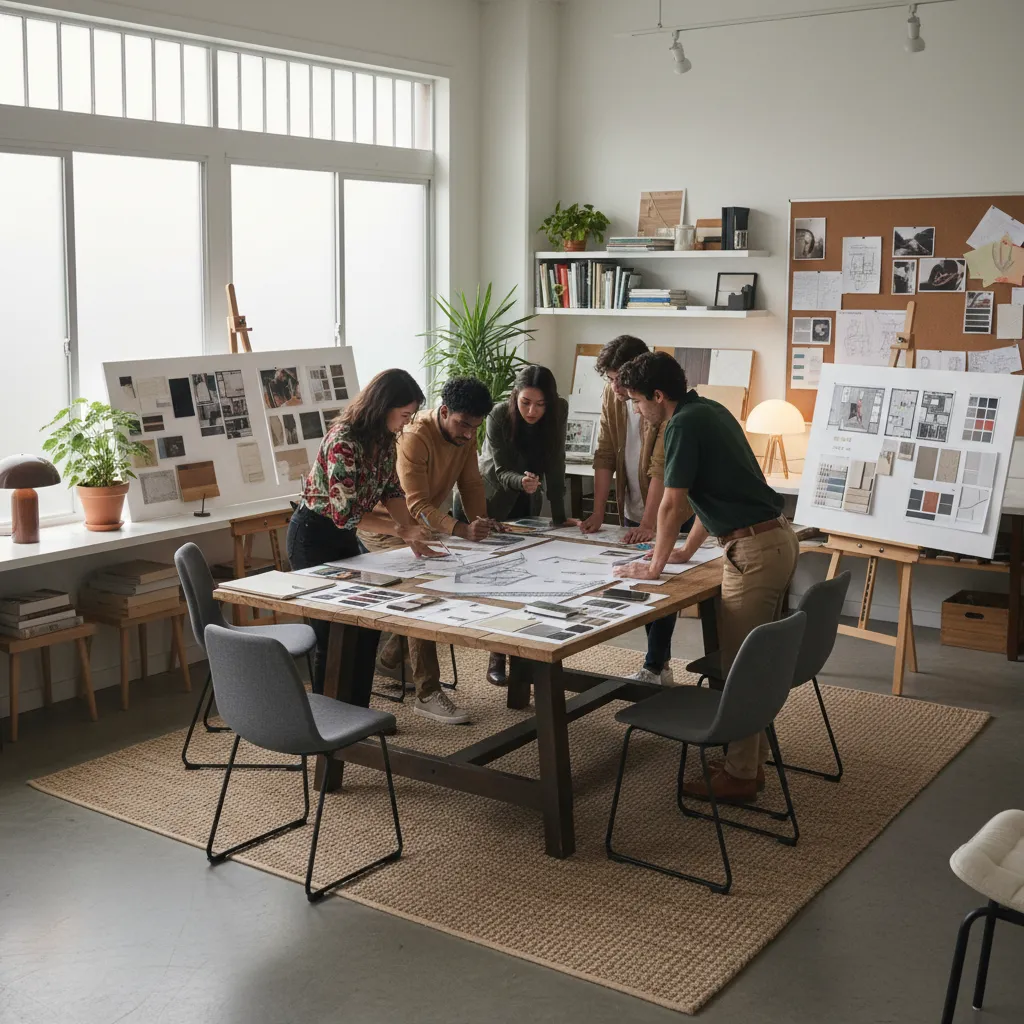 Group of designers standing around large table reviewing room layout drawings in a creative studio