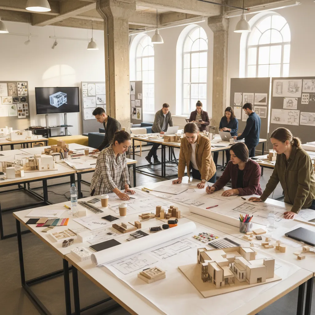 Clase de diseño de interiores con estudiantes revisando planos y maquetas