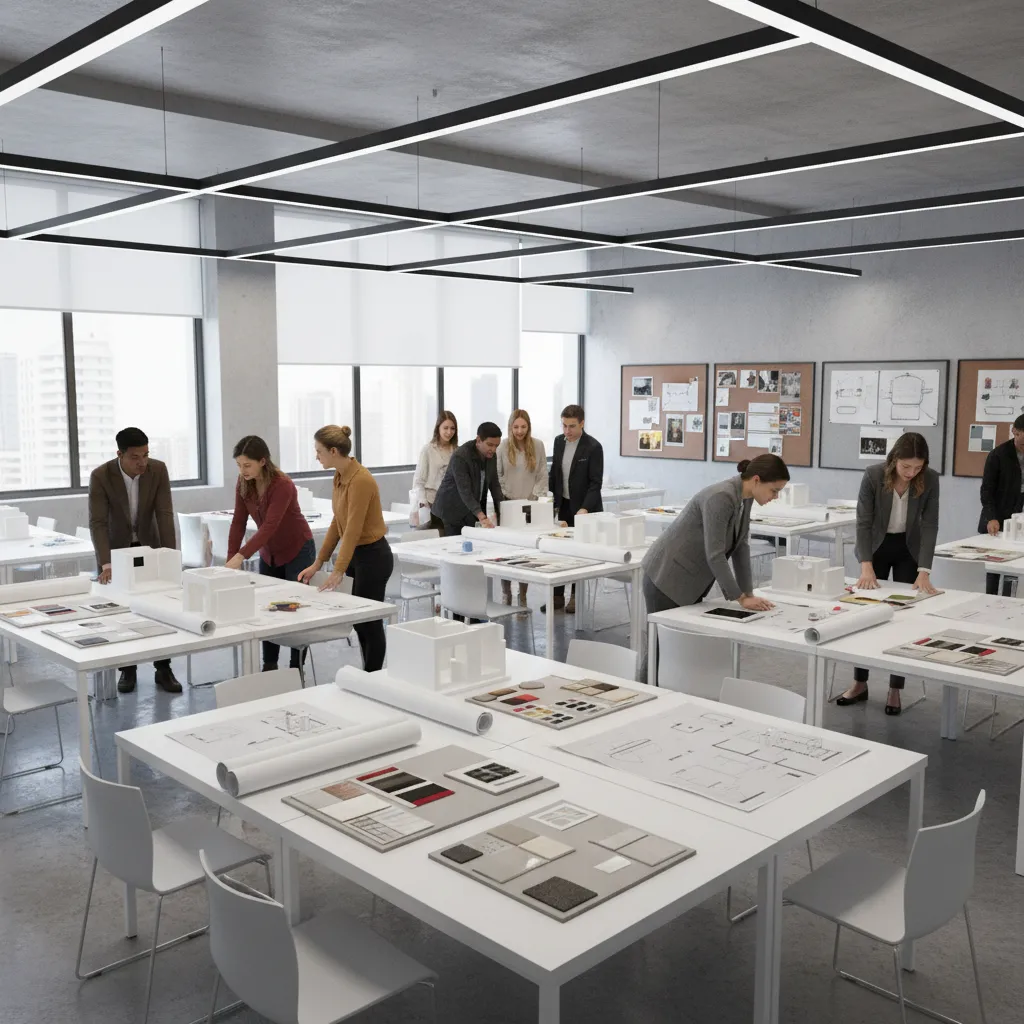 Interior design students working in a studio classroom with models and mood boards