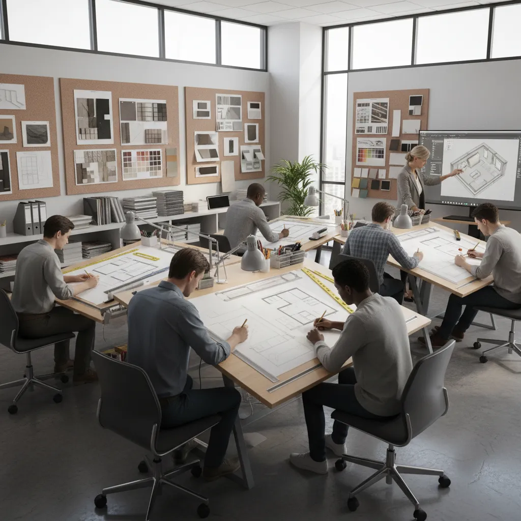 interior design students learning space planning in studio classroom