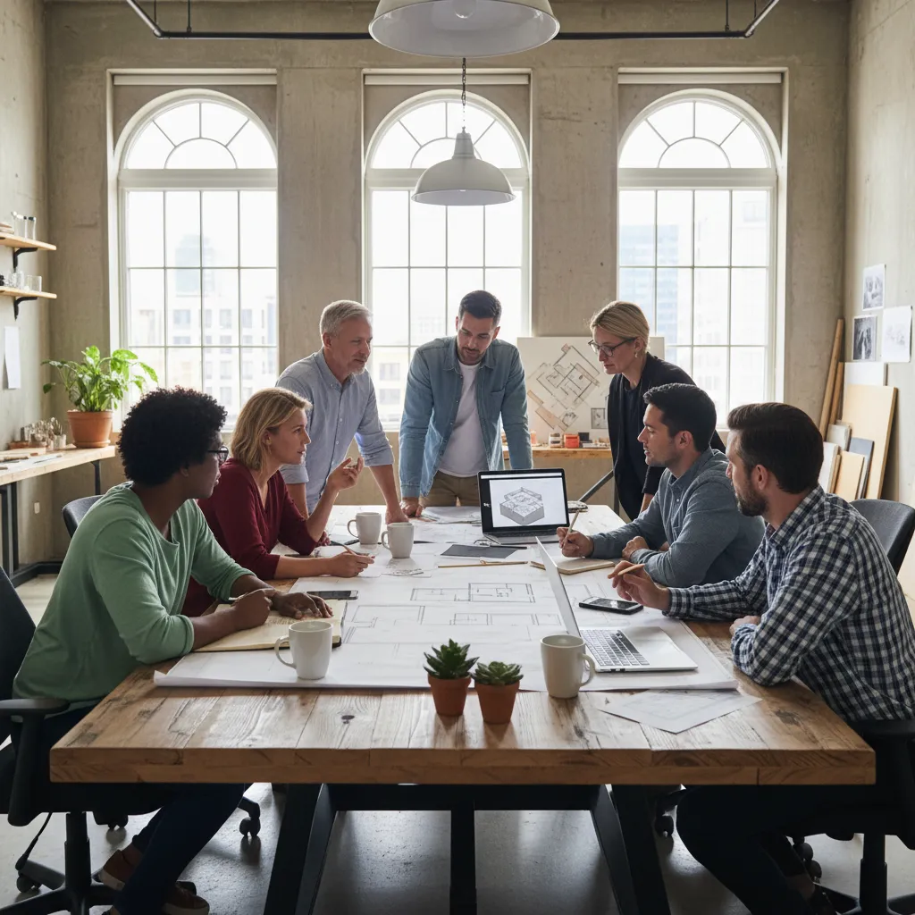 Equipo de diseñadores revisando un proyecto de interiorismo en estudio