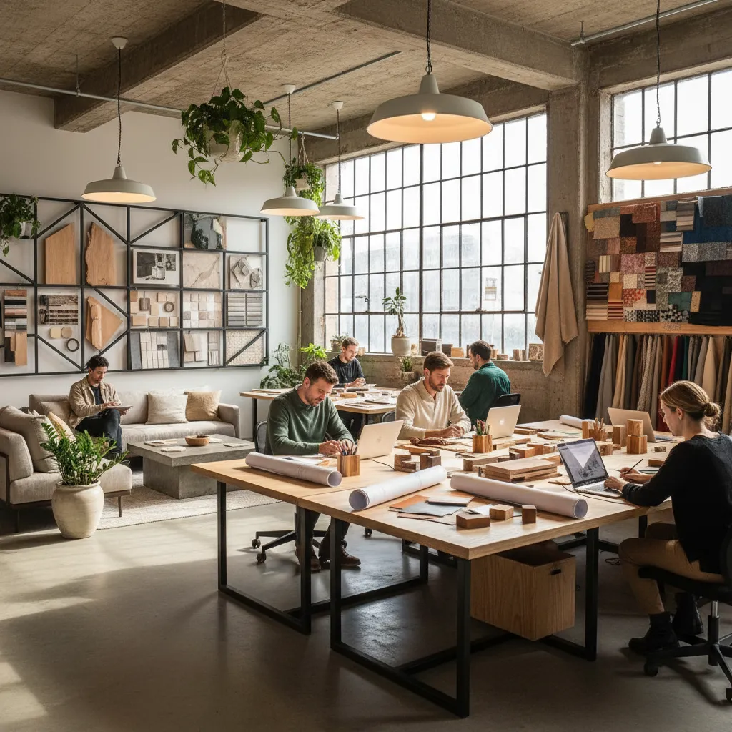 Interior design studio with designers working at wooden desks using laptops and viewing paper rolls