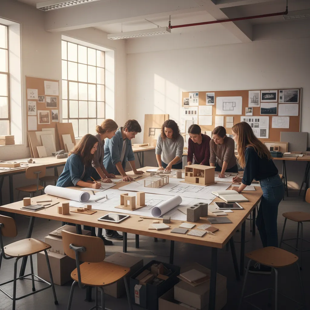 Estudiantes analizando planos y maquetas de espacios interiores