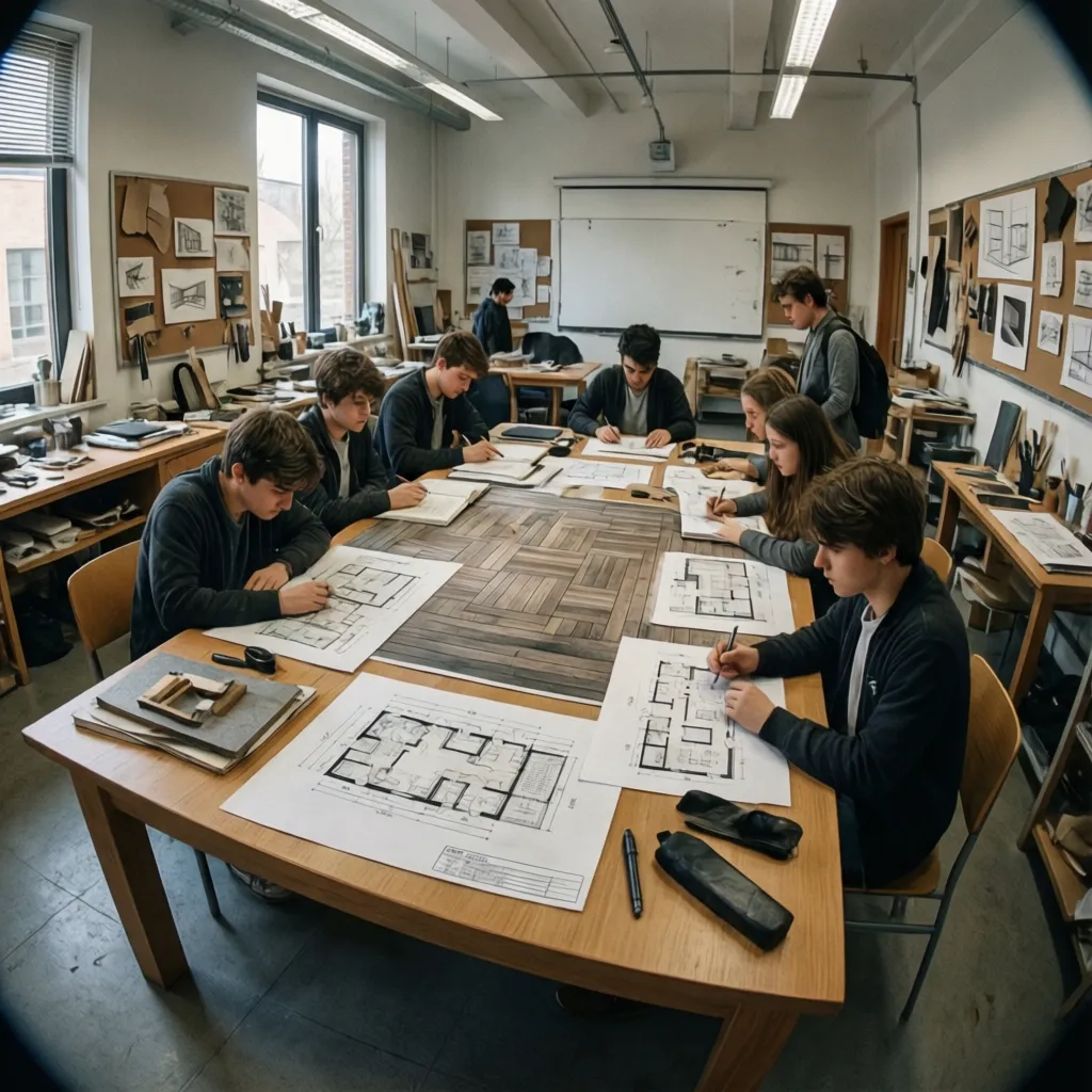 Interior design students sitting around a wooden table drawing floor plans in a bright classroom