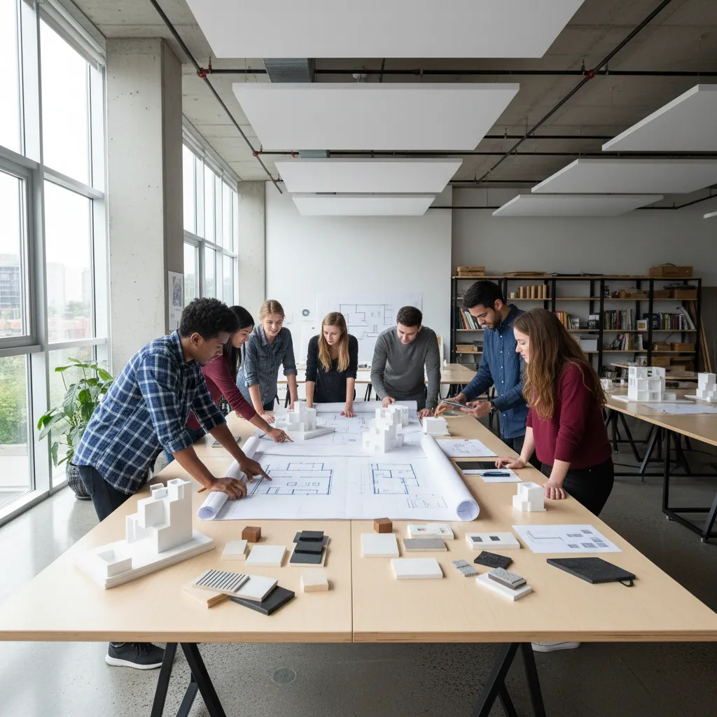Estudiantes de interiorismo revisando planos y maquetas