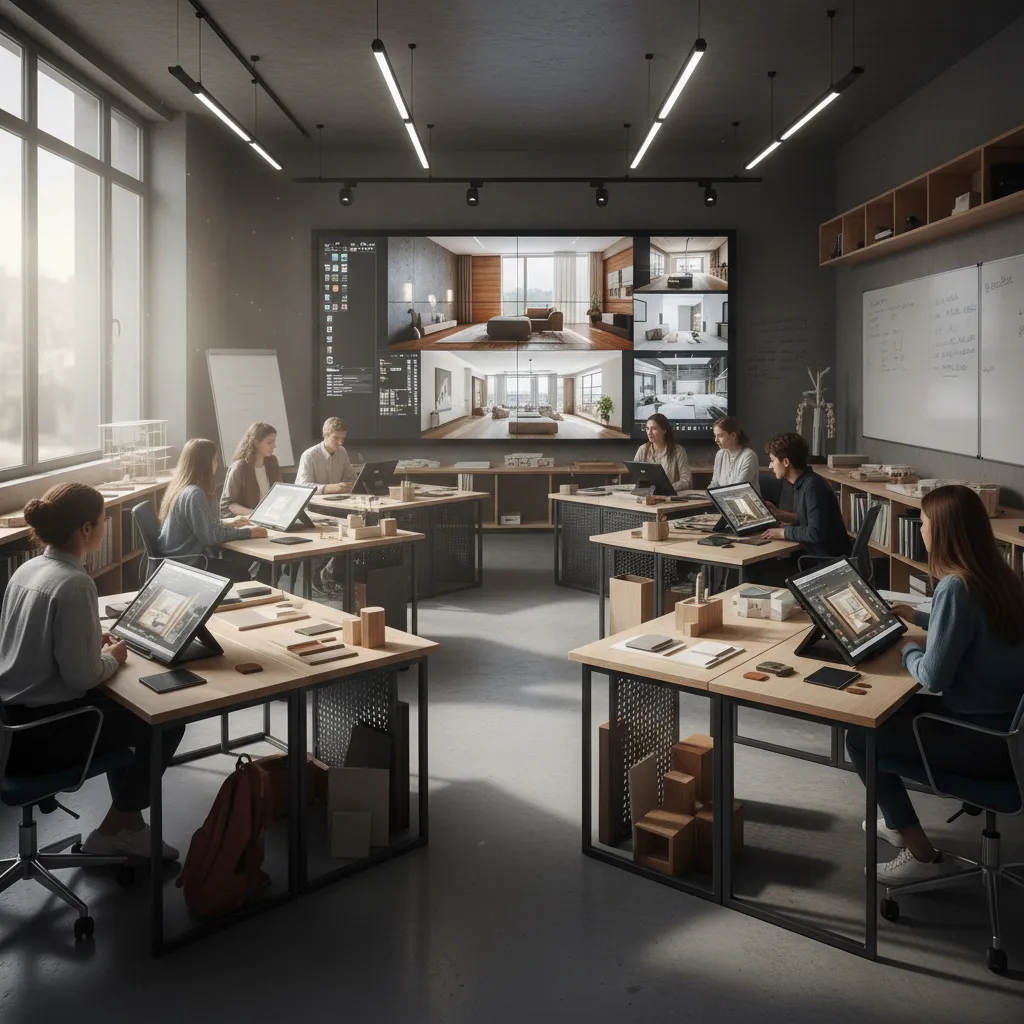 Clase práctica de diseño de interiores con estudiantes y renders en pantalla