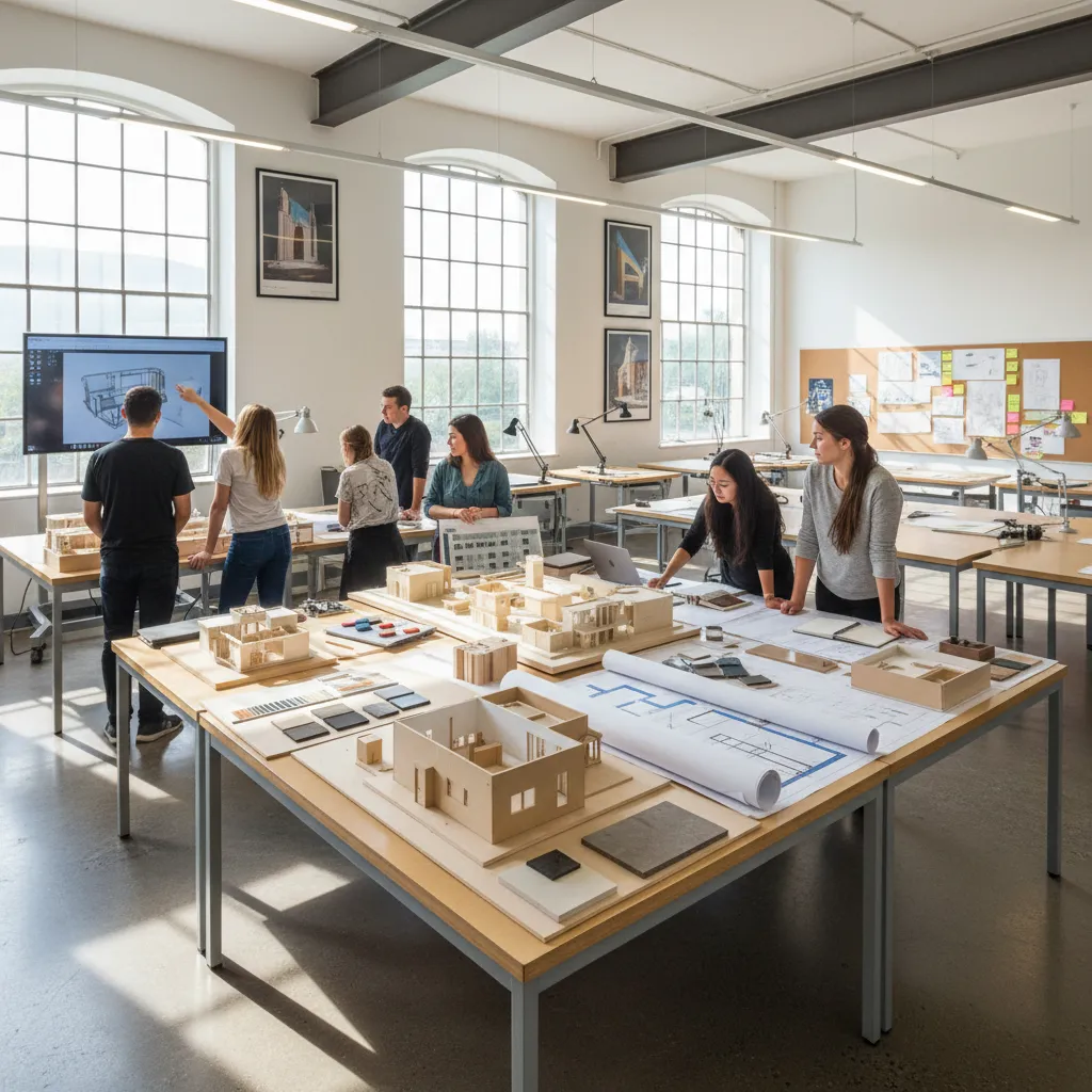 Clase universitaria de diseño de interiores con maquetas y planos