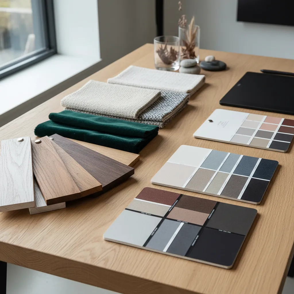 Mesa con muestras de materiales y paletas para diseño interior