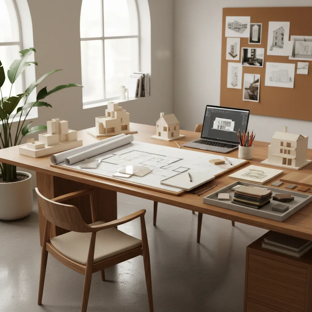 Mesa de trabajo con planos, maquetas y muestras de materiales