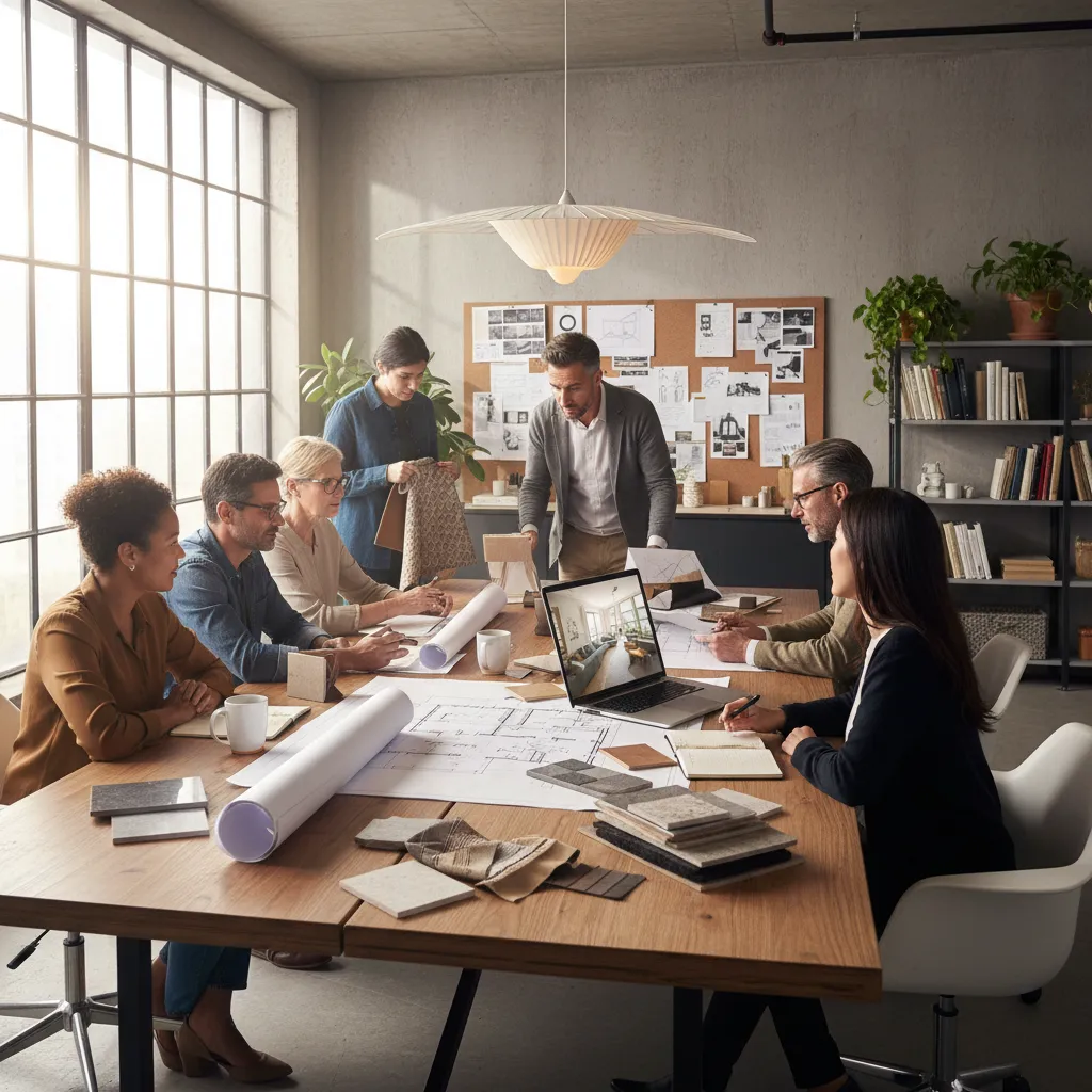 Equipo de diseñadores revisando un proyecto de interiorismo en un estudio