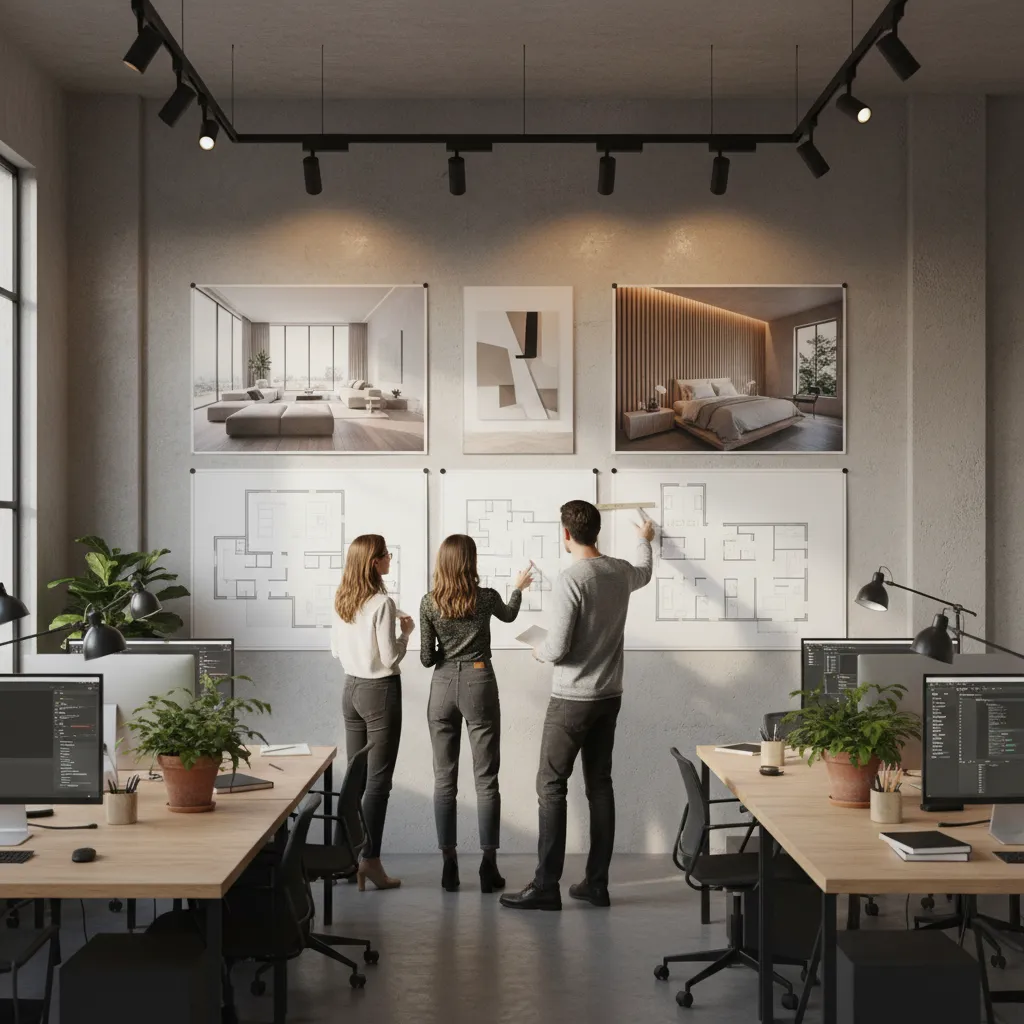 Revisión de proyecto de interiorismo con renders y planos en un estudio