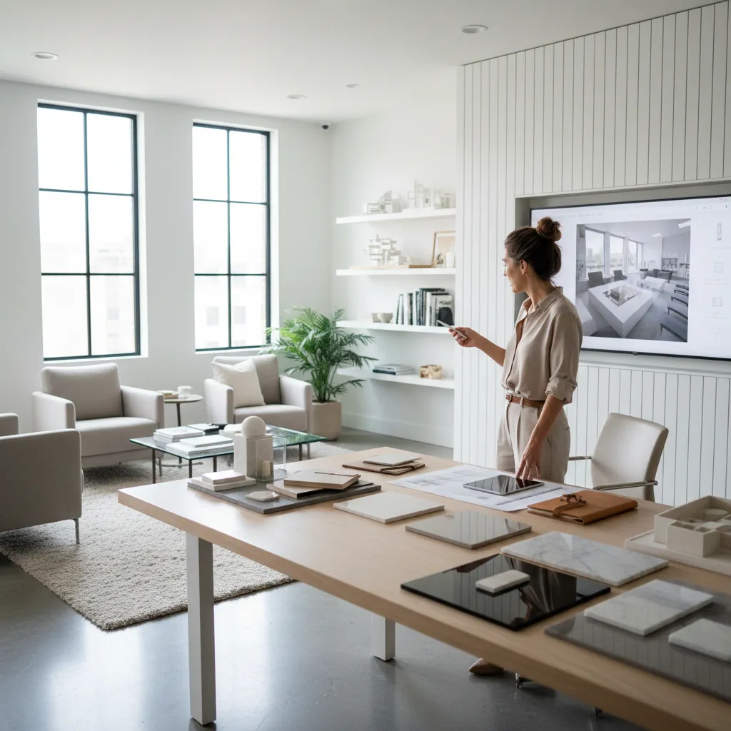 Woman showing interior design drawings on screen near table with floor plans and material samples