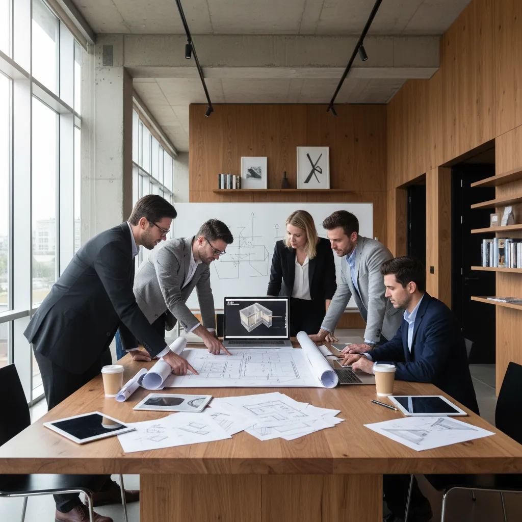 Equipo de diseñadores de interiores revisando planos y renders