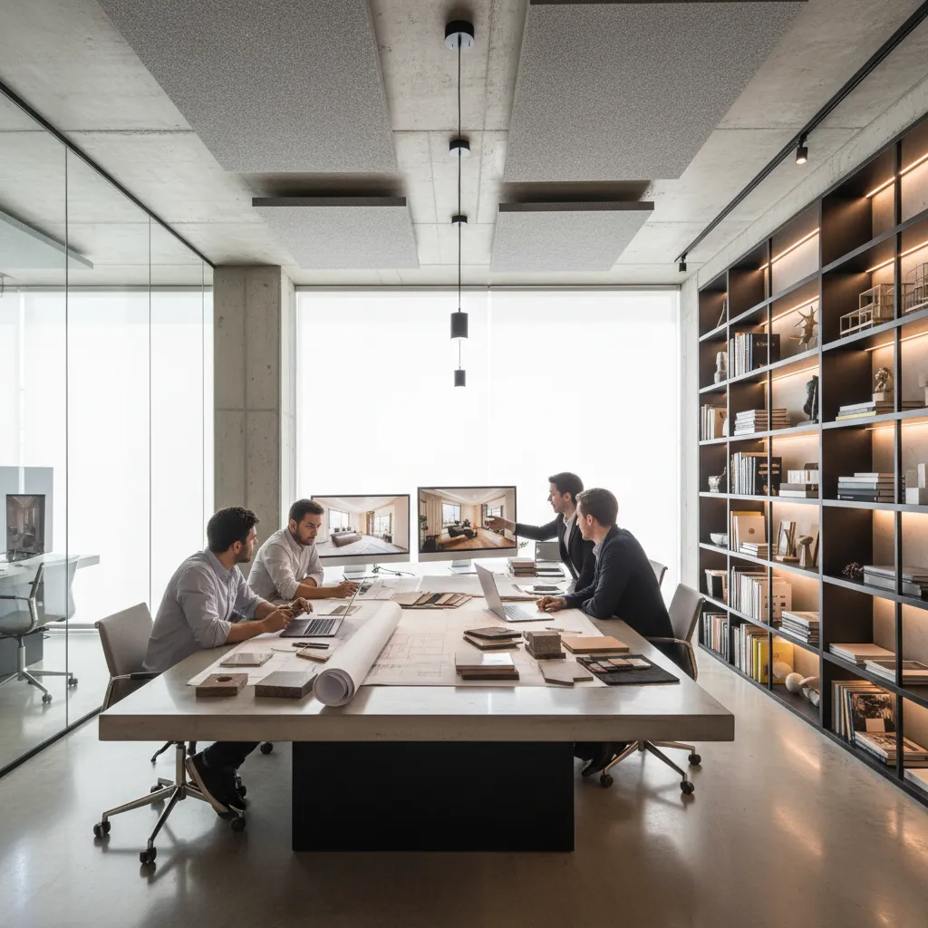 Four interior designers working at a large table with computer monitors and interior design drawing