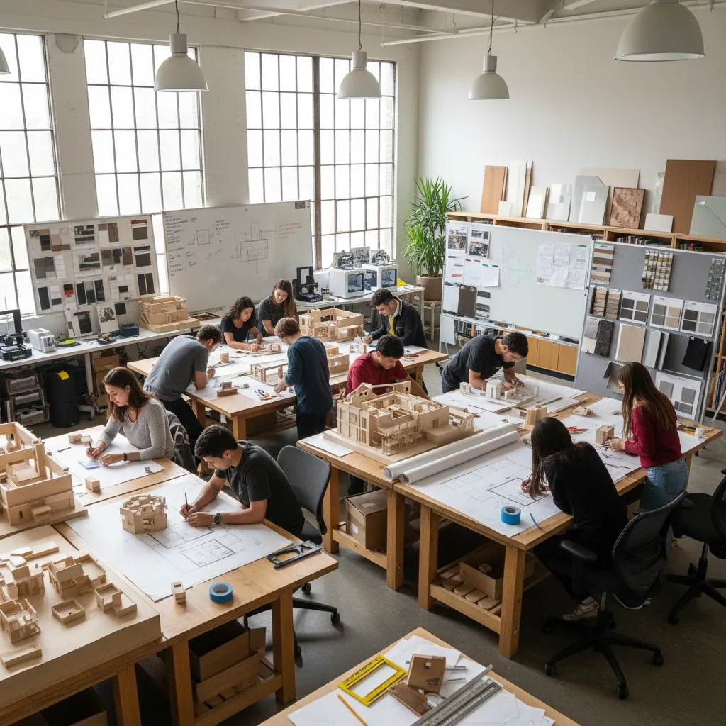 Estudio universitario de diseño de interiores con estudiantes trabajando en planos y maquetas