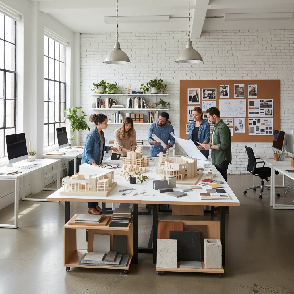 estudio de diseño de interiores con maquetas y materiales