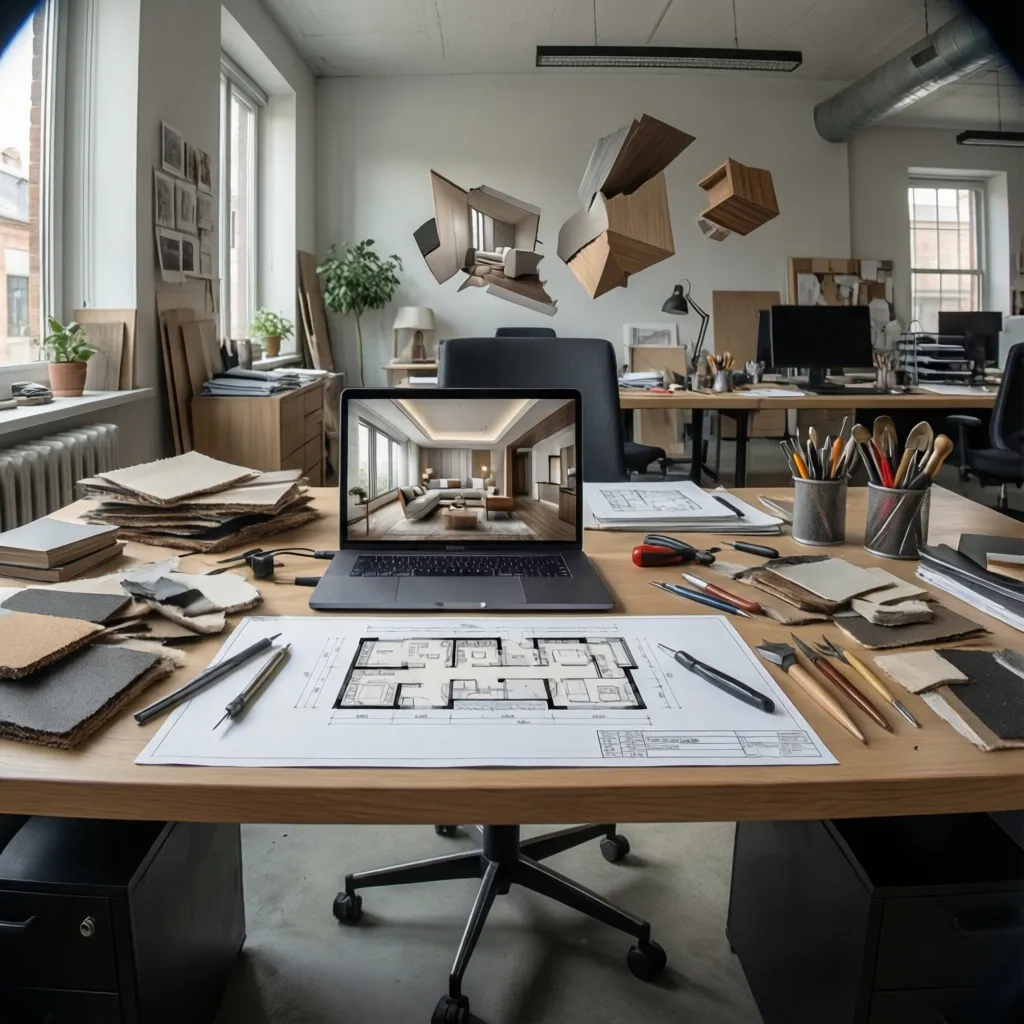 Estudio de diseño de interiores con planos, muestras de materiales y computadora