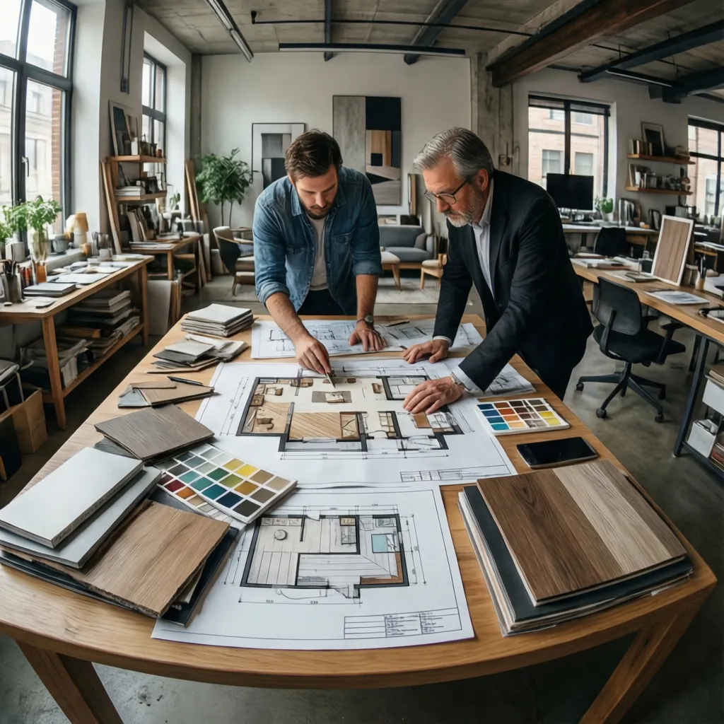 Two men reviewing interior design drawings with color samples and wood pieces on large table