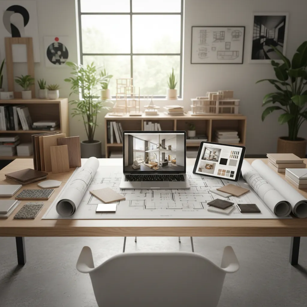 diseñador de interiores trabajando en planos y muestras de materiales