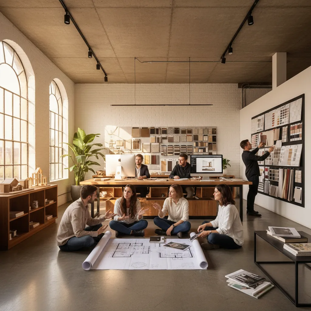 Equipo de interioristas trabajando en un estudio creativo