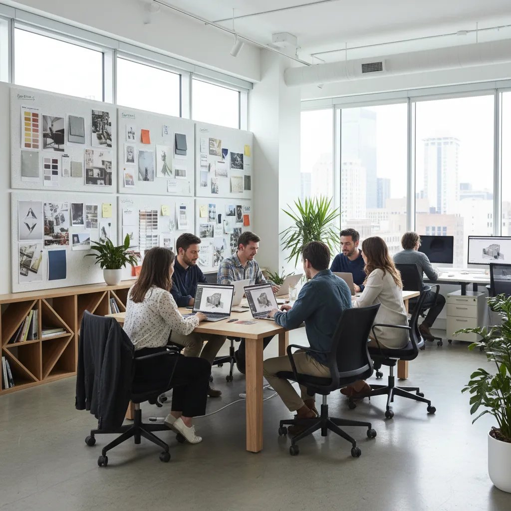 Equipo de diseñadores de interiores trabajando en un estudio creativo