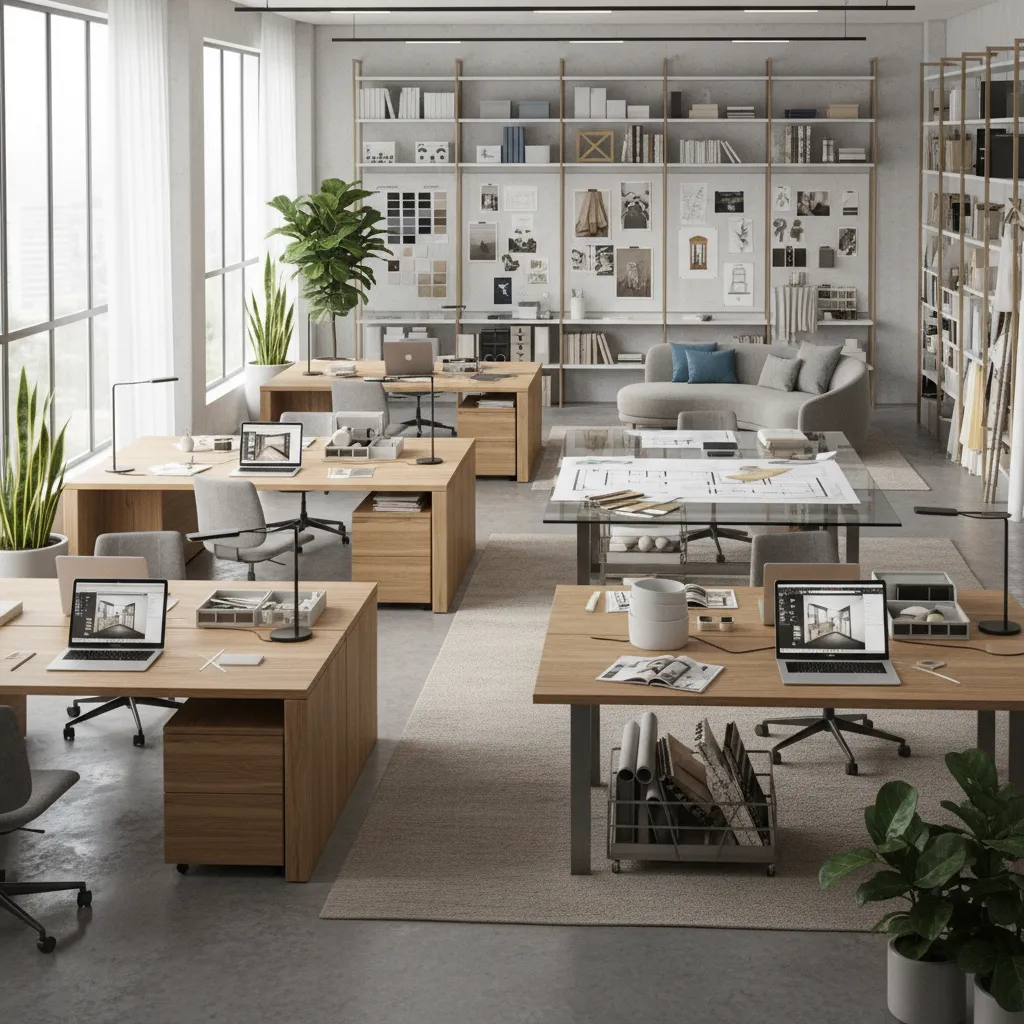 Estudio profesional de diseño de interiores con planos y materiales