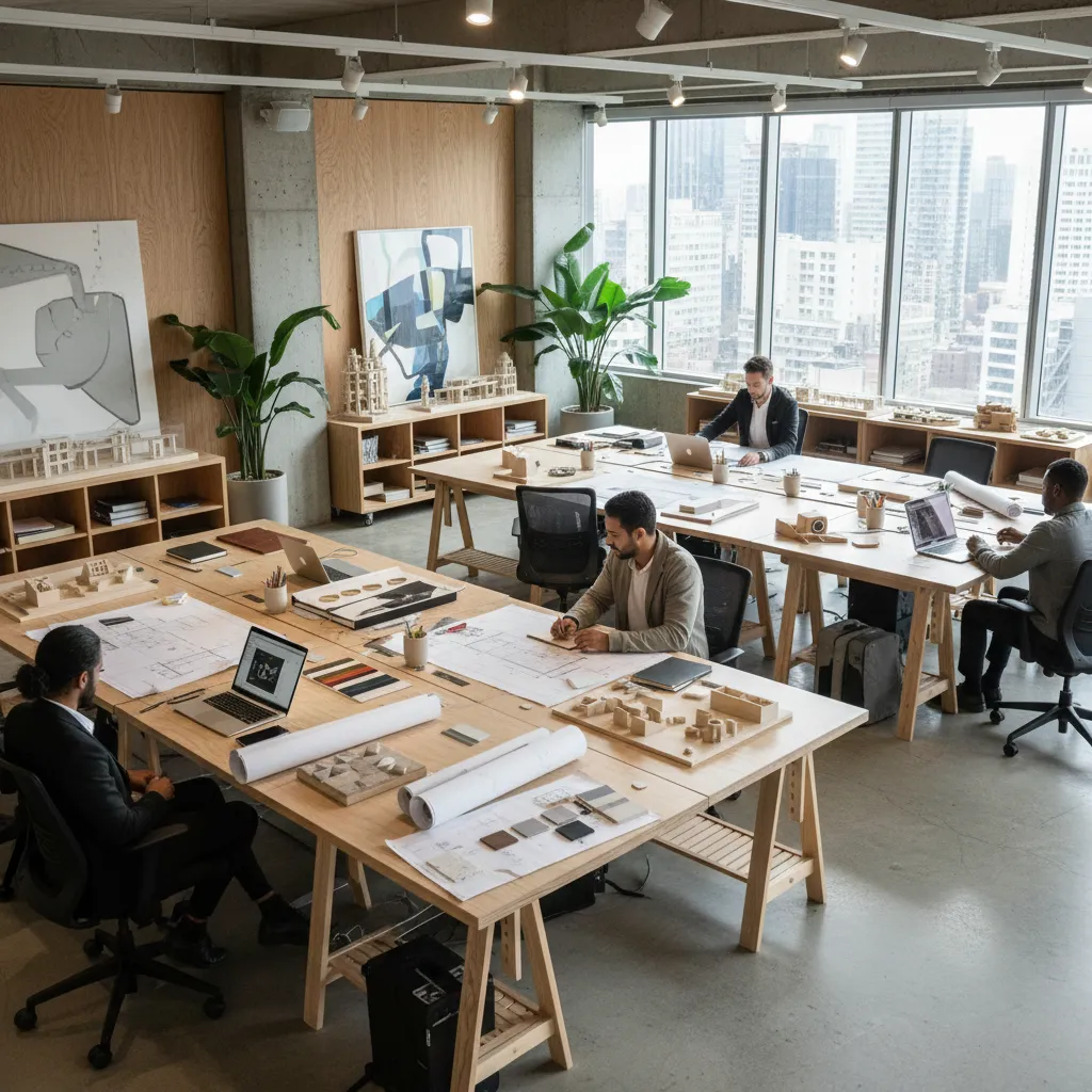 estudio de diseño de interiores moderno con mesas de trabajo