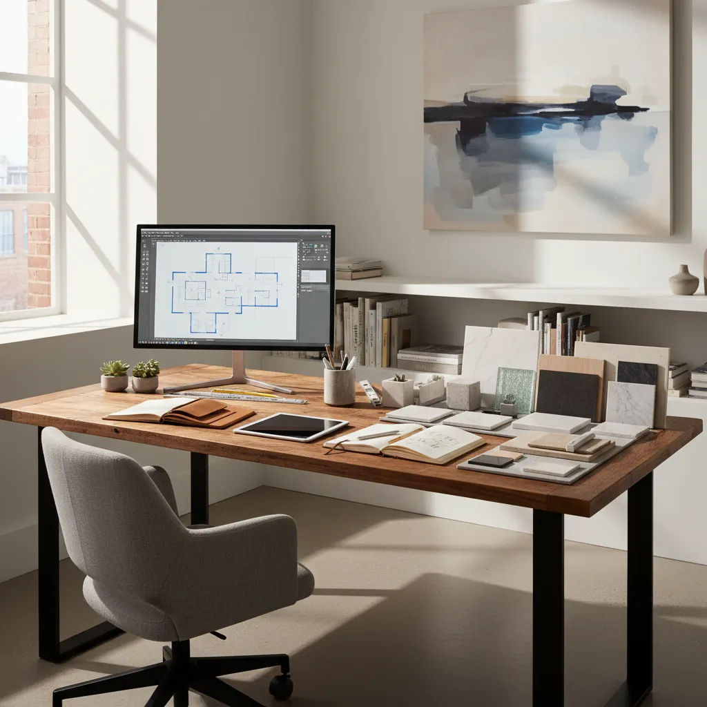 Wooden desk with computer monitor showing floor plan layout plus notebooks and various room materials