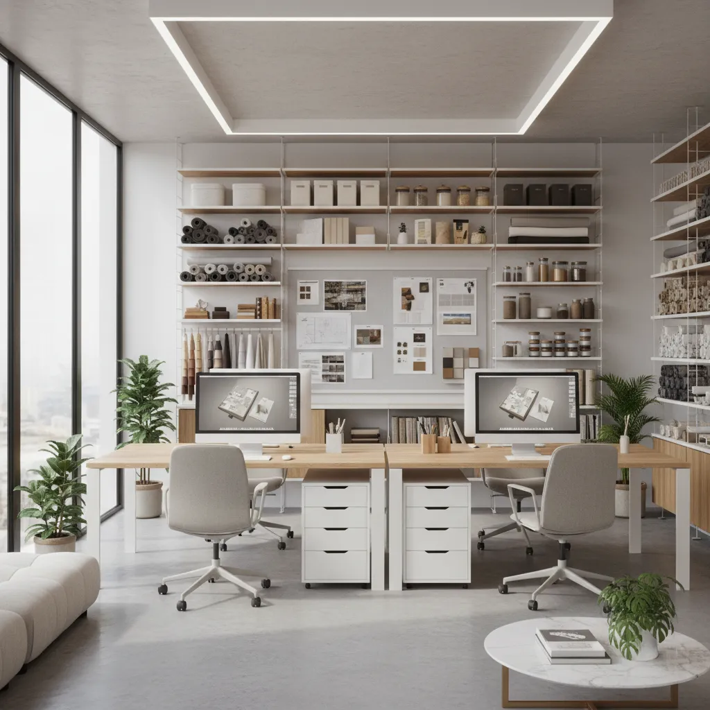 Small professional interior design office with desks, sample shelves and collaborative workspace