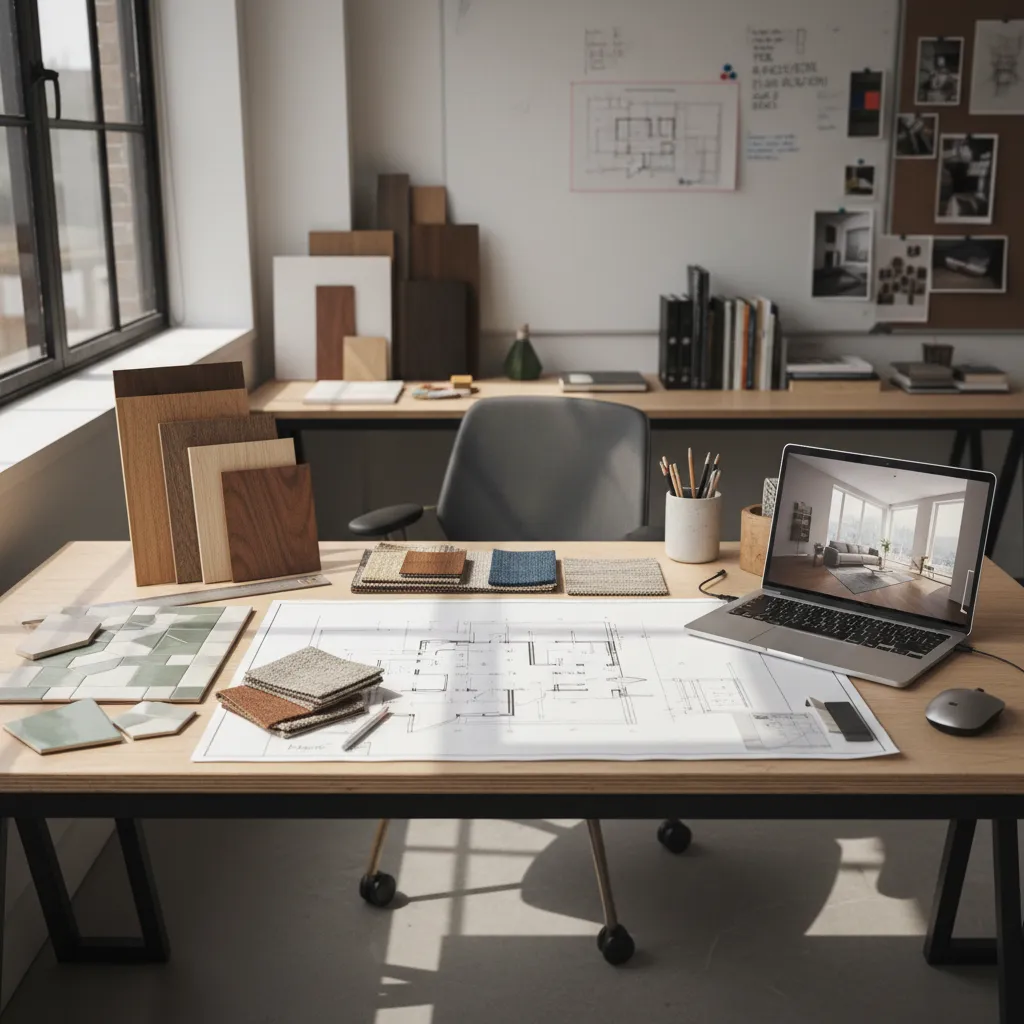 Interior design desk with floor plan, wood samples, fabric swatches, laptop with interior design drawing.
