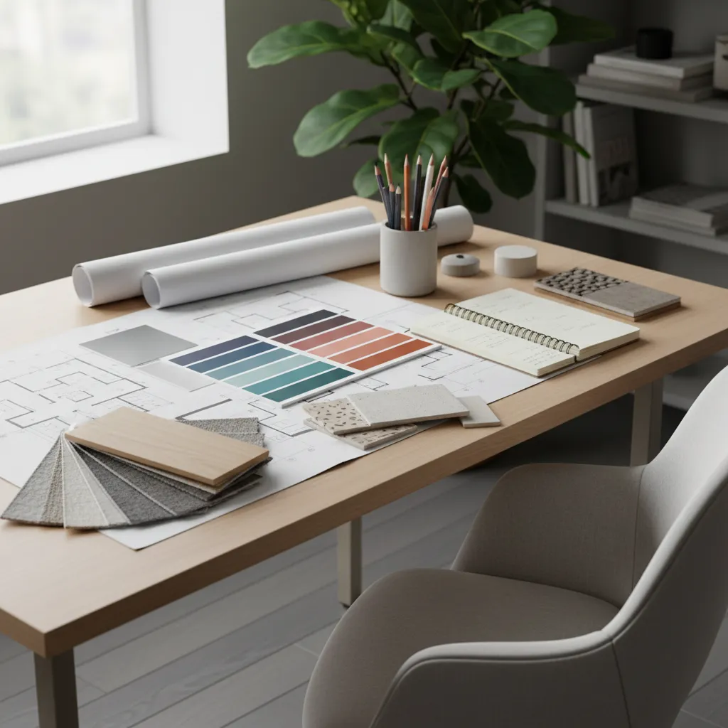Materiales de estudio de diseño interior con planos, muestras y cuaderno