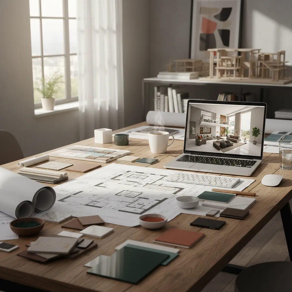 Laptop showing interior design drawing on wooden desk with floor plan paper and material samples