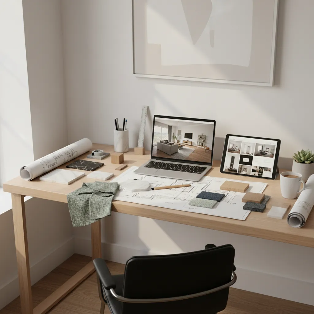 Espacio de estudio con muestras de materiales, planos y laptop