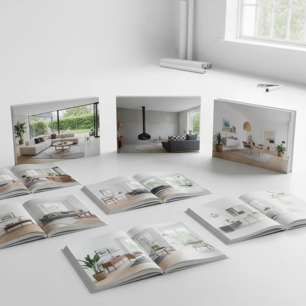 Libros abiertos mostrando estilos de interiores y fotografías de viviendas