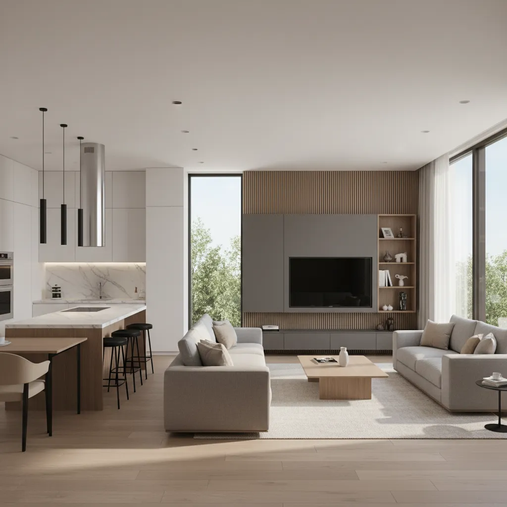 Open living space showing cohesive interior decoration layout
