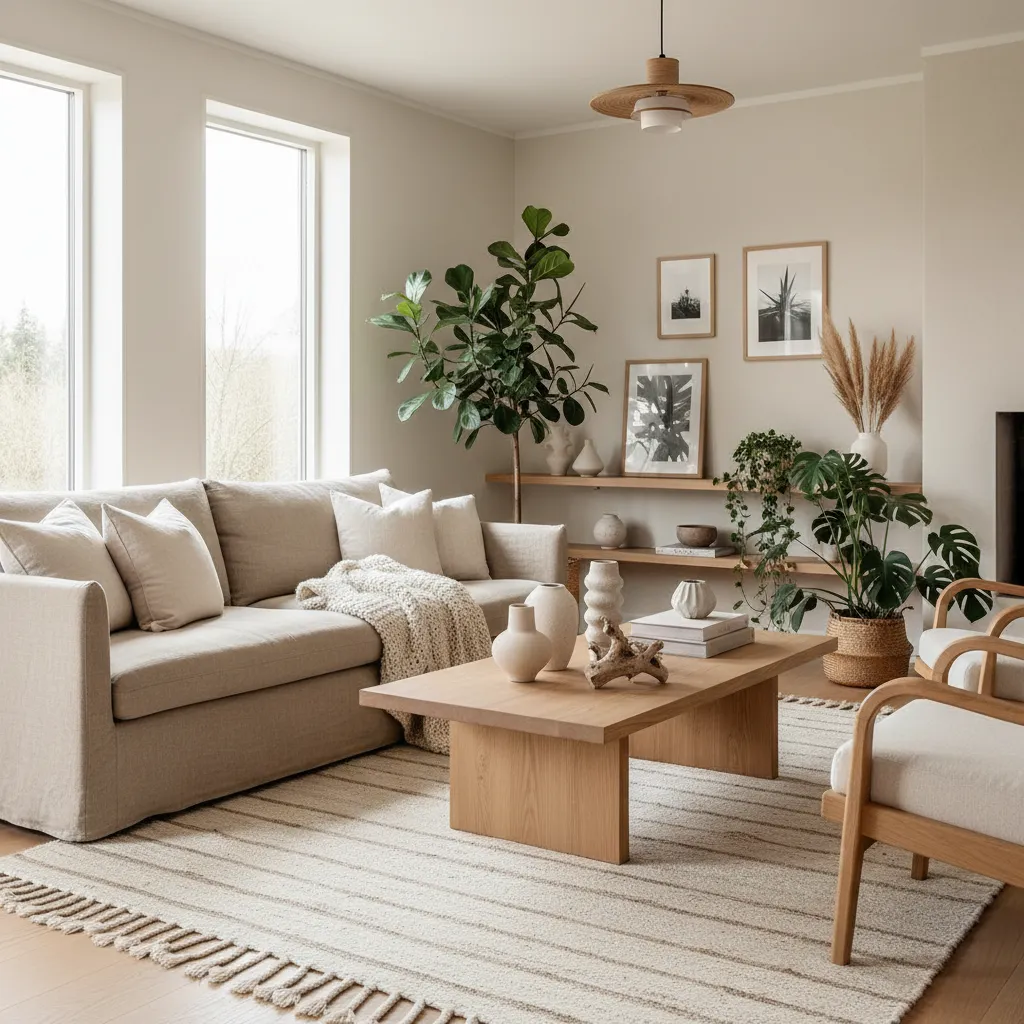 Minimalist living room with beige sofa wooden coffee table large green plant and ceiling light