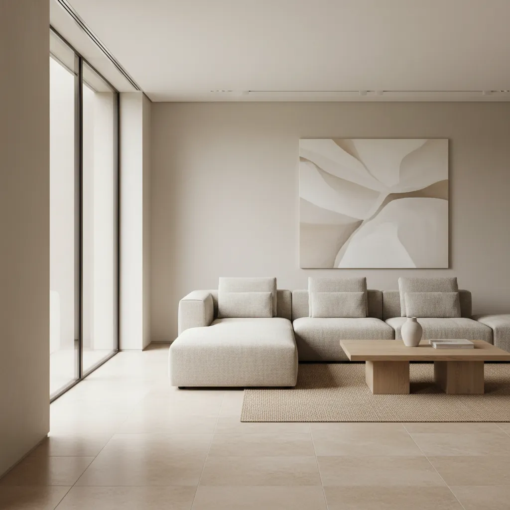 Sala de estar moderna que muestra una base neutra de diseño interior