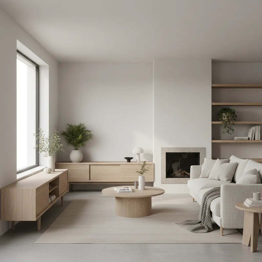 Salón moderno que mezcla elementos escandinavos y minimalistas