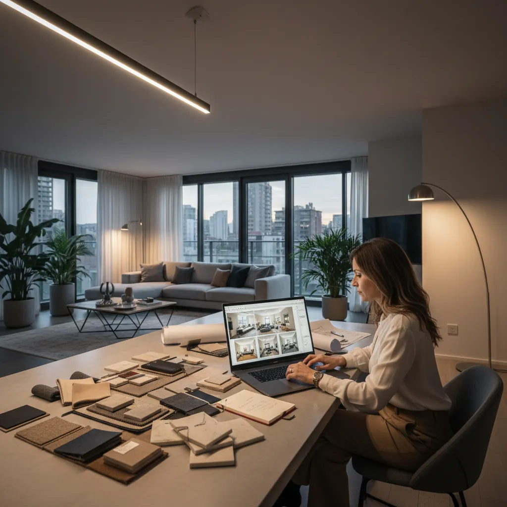 Diseñador revisando combinaciones de muebles y estilos en un espacio interior