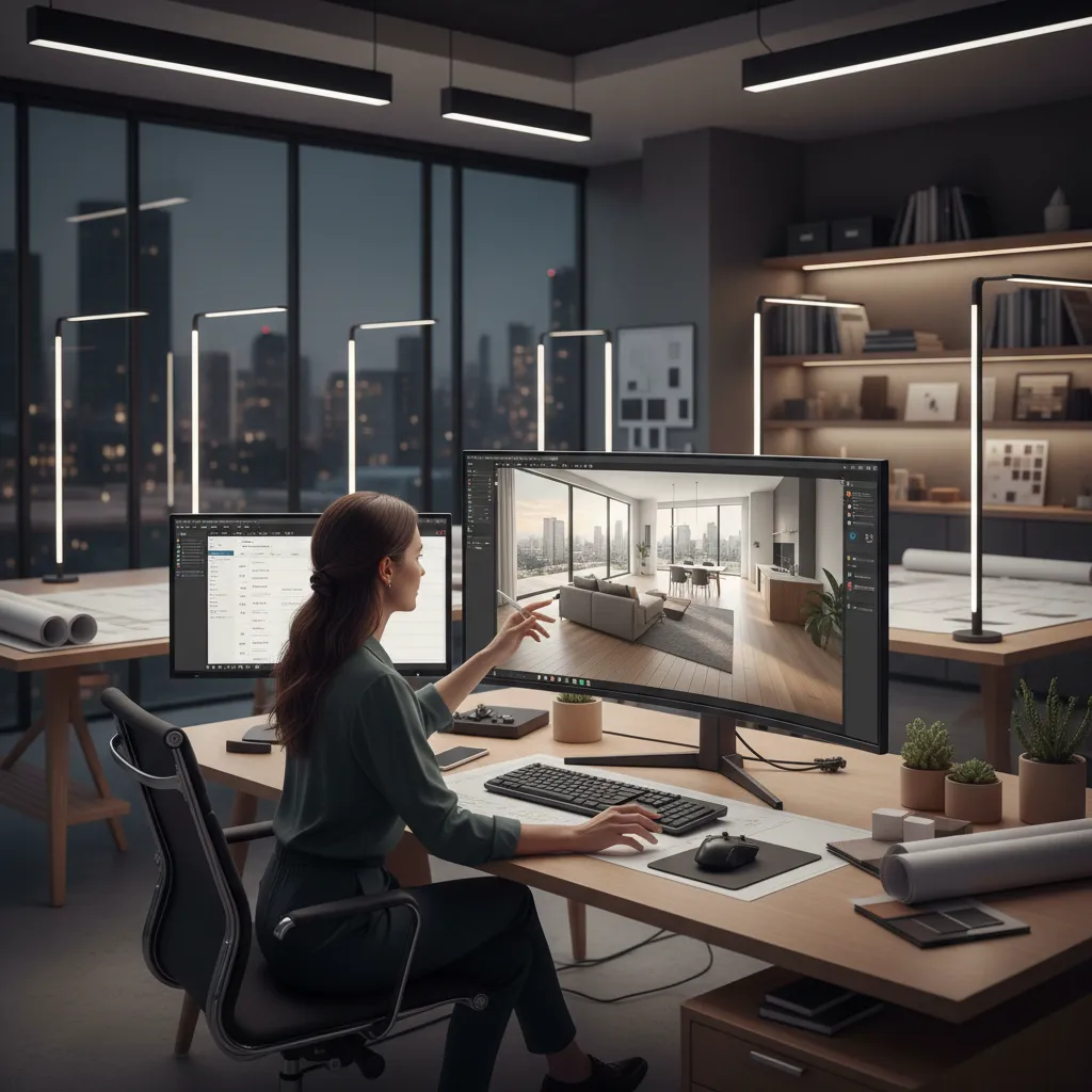 Designer using a pen to edit a 3D living room interior design drawing on computer