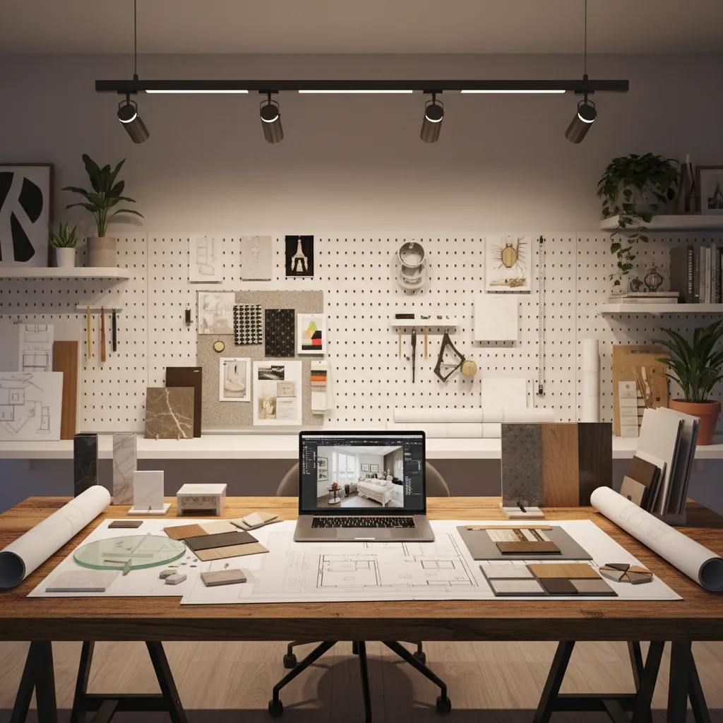 Interior design workplace with laptop showing room design, floor plans, material samples, and pegboard wall