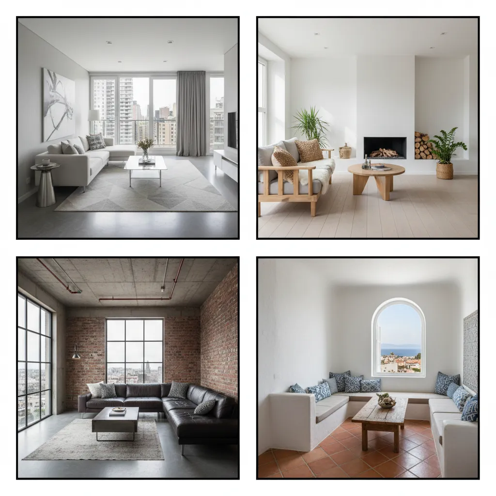 Collage showing four different interior design styles for living rooms with various furniture and layouts