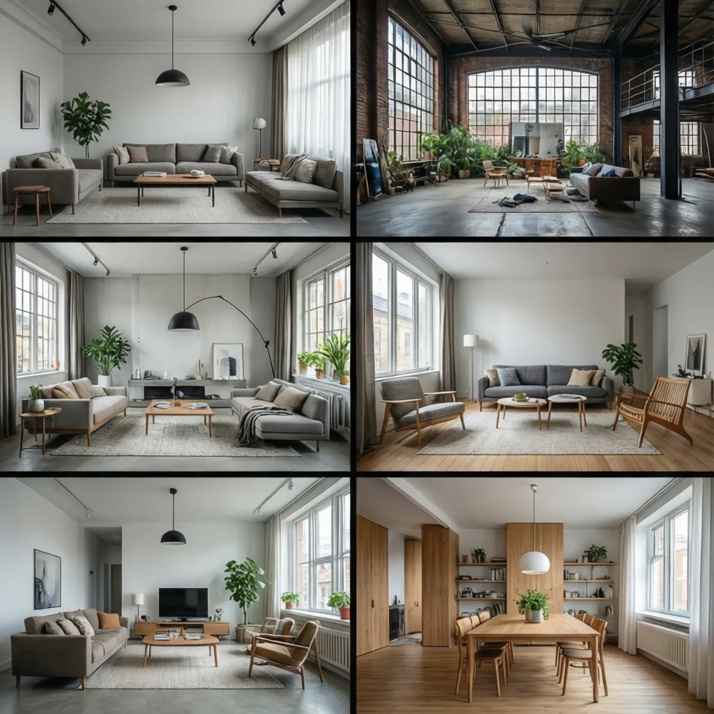 A collage showing six different interior design styles for living rooms and one dining room