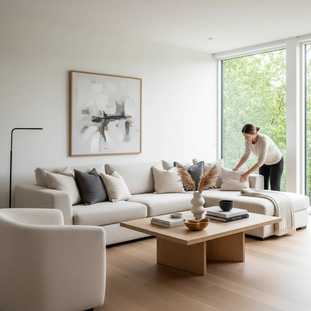 Interior stylist arranging furniture and decor in modern living room