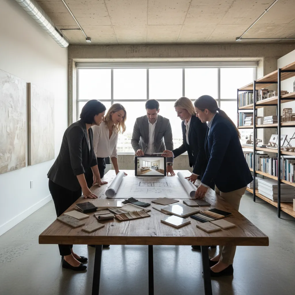Equipo de diseño revisando planos y renders en una mesa de trabajo